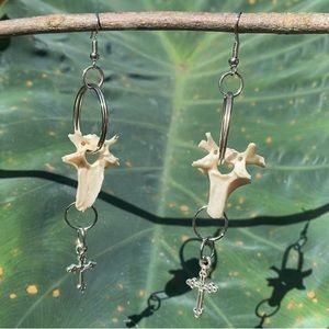 Real Possum Vertebrae Bones Cross Pendant Hoop Nickel Free Earrings